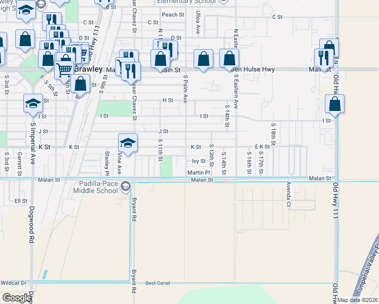 map of restaurants, bars, coffee shops, grocery stores, and more near 1242 K Street in Brawley