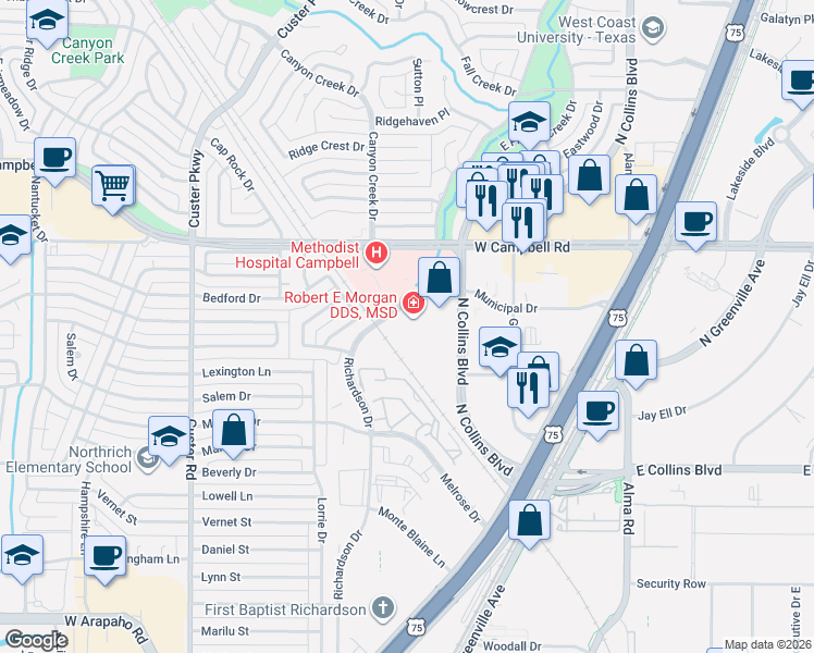 map of restaurants, bars, coffee shops, grocery stores, and more near 375 Municipal Drive in Richardson