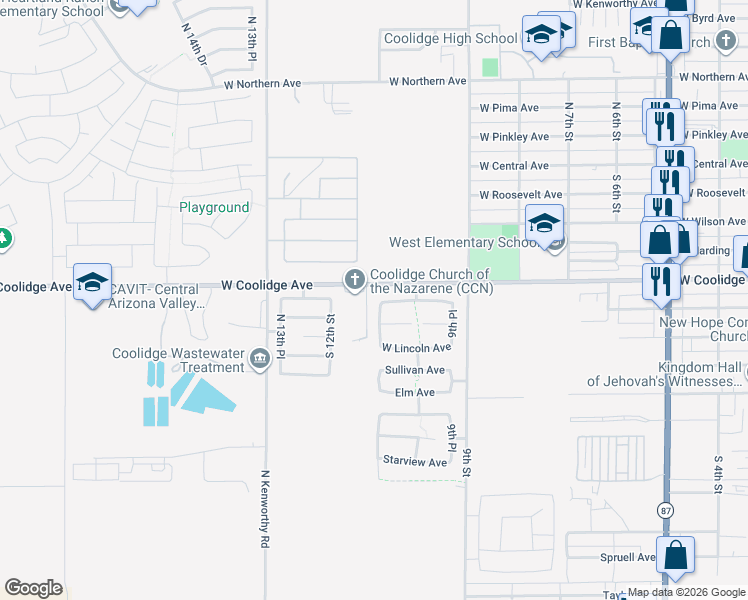 map of restaurants, bars, coffee shops, grocery stores, and more near 564 South 11th Street in Coolidge