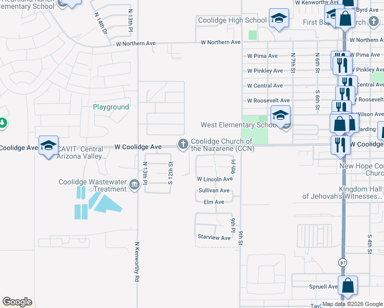 map of restaurants, bars, coffee shops, grocery stores, and more near 564 South 11th Street in Coolidge