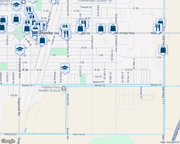 map of restaurants, bars, coffee shops, grocery stores, and more near 703 South Palm Avenue in Brawley