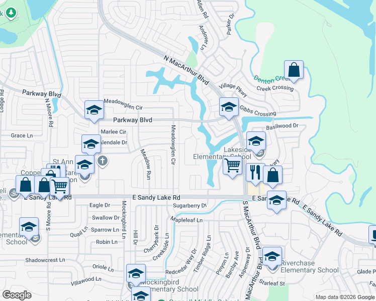 map of restaurants, bars, coffee shops, grocery stores, and more near 121 Spyglass Drive in Coppell