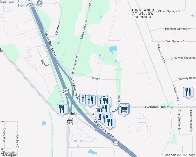 map of restaurants, bars, coffee shops, grocery stores, and more near 2501 Texan Court in Haslet