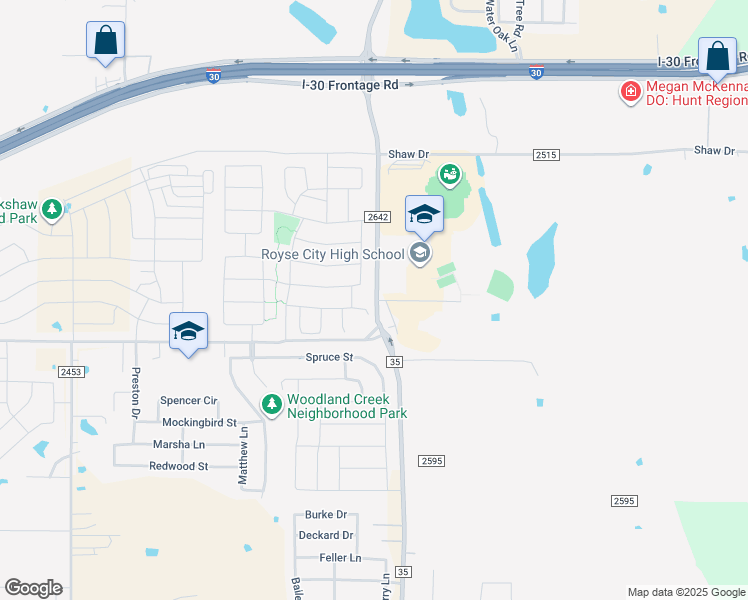 map of restaurants, bars, coffee shops, grocery stores, and more near 700 Farm to Market Road 2642 in Royse City