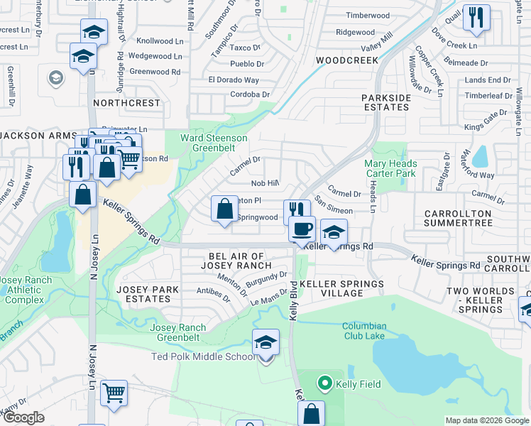map of restaurants, bars, coffee shops, grocery stores, and more near 2134 Teton in Carrollton