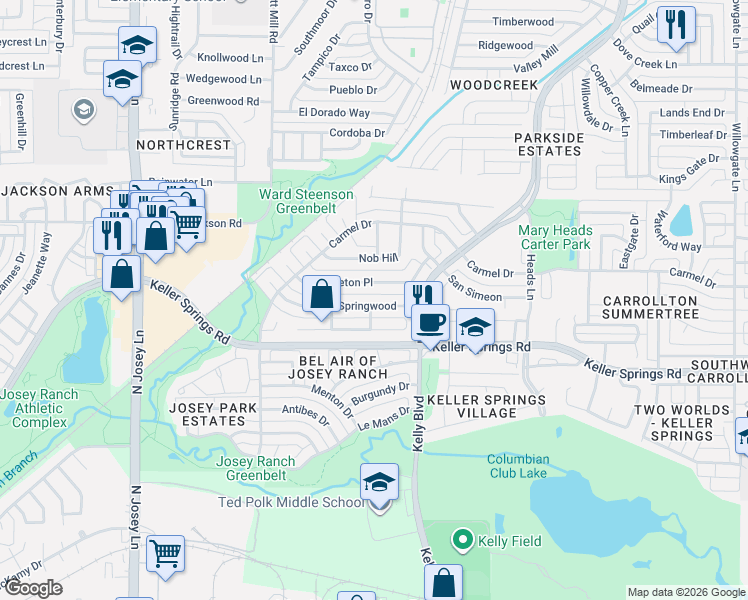 map of restaurants, bars, coffee shops, grocery stores, and more near in Carrollton