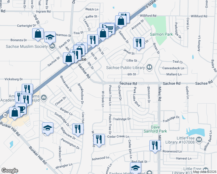 map of restaurants, bars, coffee shops, grocery stores, and more near 5417 Peach Tree Lane in Sachse