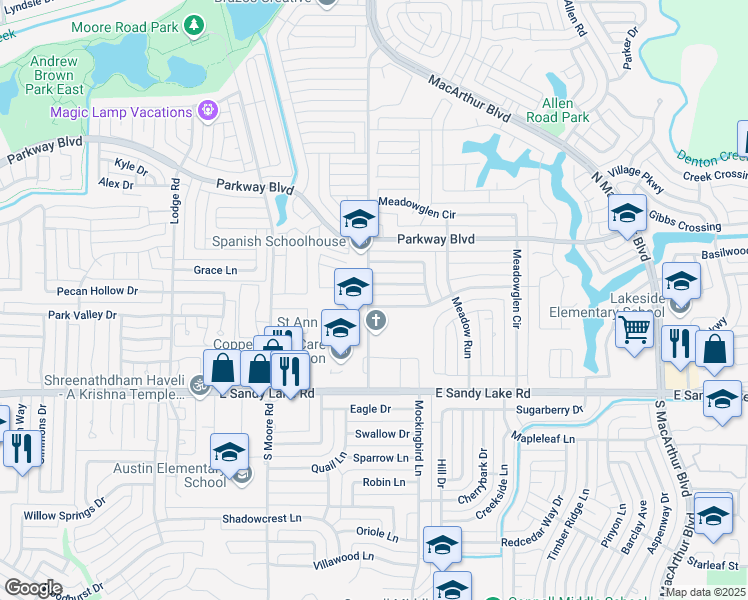 map of restaurants, bars, coffee shops, grocery stores, and more near 707 Alendale Drive in Coppell