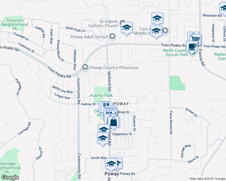 map of restaurants, bars, coffee shops, grocery stores, and more near 14259 Midland Road in Poway
