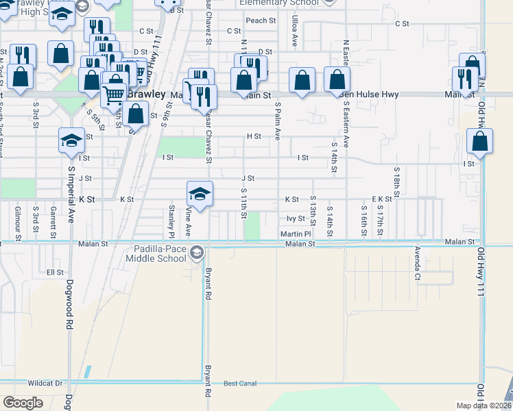 map of restaurants, bars, coffee shops, grocery stores, and more near 1108 K Street in Brawley