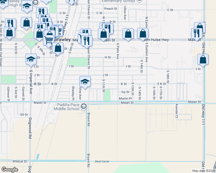 map of restaurants, bars, coffee shops, grocery stores, and more near 1108 K Street in Brawley