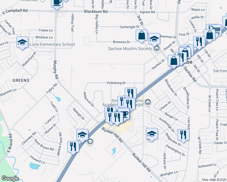 map of restaurants, bars, coffee shops, grocery stores, and more near 5117 Greensboro Drive in Sachse