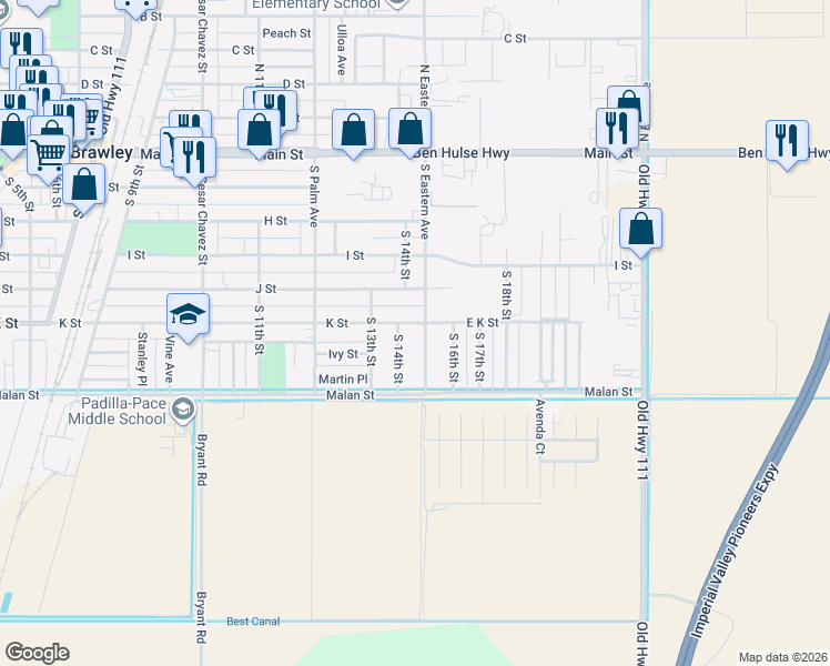 map of restaurants, bars, coffee shops, grocery stores, and more near 1400-1498 K Street in Brawley