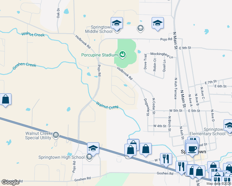 map of restaurants, bars, coffee shops, grocery stores, and more near 836 Feather Edge Drive in Springtown