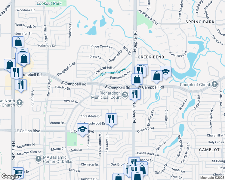 map of restaurants, bars, coffee shops, grocery stores, and more near 1815 Meadowcove Drive in Richardson