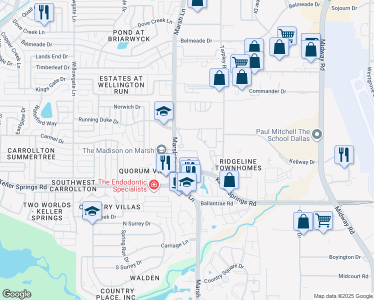 map of restaurants, bars, coffee shops, grocery stores, and more near 2250 Marsh Lane in Carrollton
