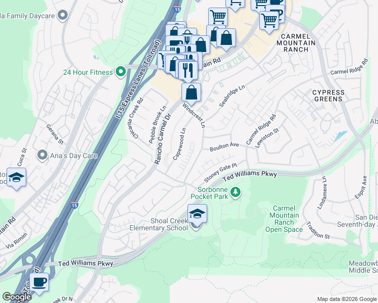 map of restaurants, bars, coffee shops, grocery stores, and more near 14045 Capewood Lane in San Diego