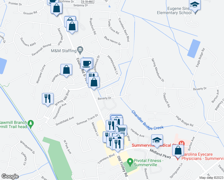 map of restaurants, bars, coffee shops, grocery stores, and more near 200 Old Bridge Lane in Summerville