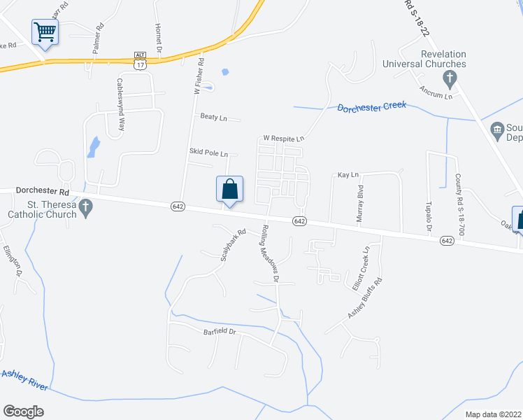 map of restaurants, bars, coffee shops, grocery stores, and more near 99 South Commodore Way in Summerville