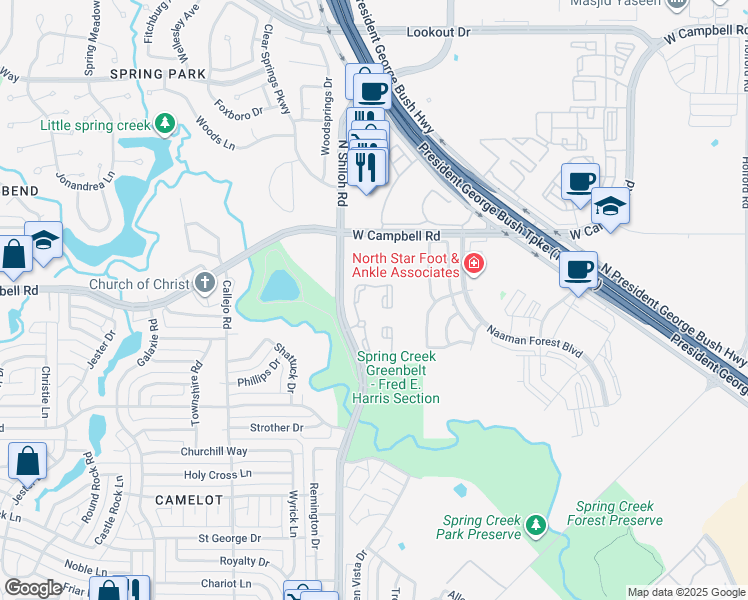 map of restaurants, bars, coffee shops, grocery stores, and more near 6302 North Shiloh Road in Garland