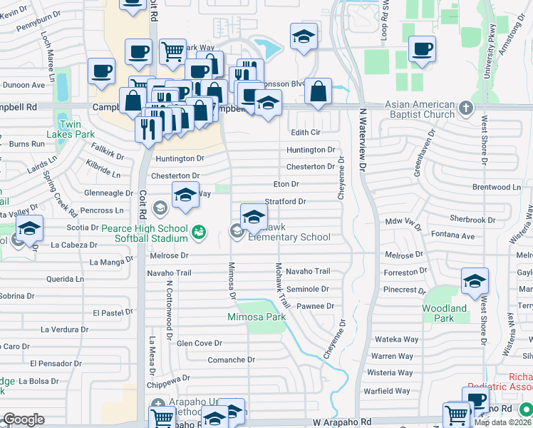 map of restaurants, bars, coffee shops, grocery stores, and more near 1210 Grassmere Dr in Richardson