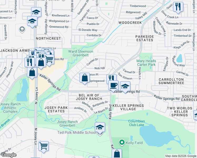 map of restaurants, bars, coffee shops, grocery stores, and more near in Carrollton