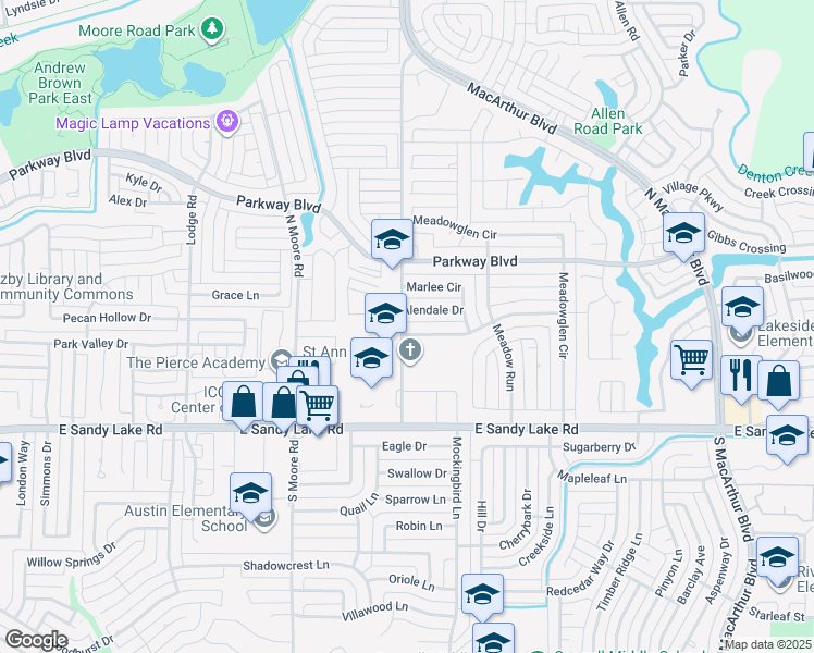 map of restaurants, bars, coffee shops, grocery stores, and more near 707 Alendale Drive in Coppell