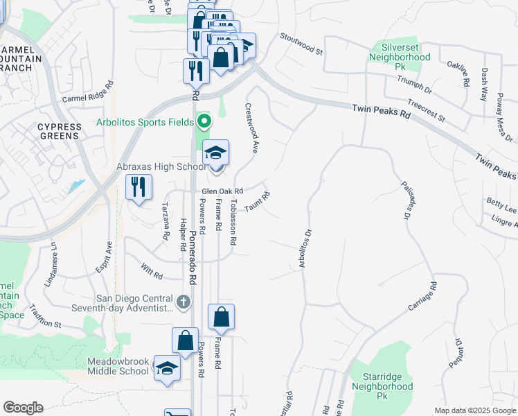 map of restaurants, bars, coffee shops, grocery stores, and more near 12533 Taunt Road in Poway