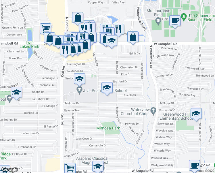 map of restaurants, bars, coffee shops, grocery stores, and more near 1210 Grassmere Drive in Richardson