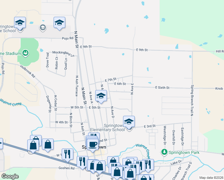 map of restaurants, bars, coffee shops, grocery stores, and more near 556 North Avenue D in Springtown