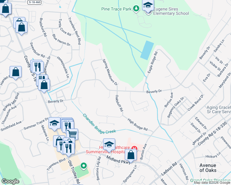 map of restaurants, bars, coffee shops, grocery stores, and more near 701 Beverly Drive in Summerville