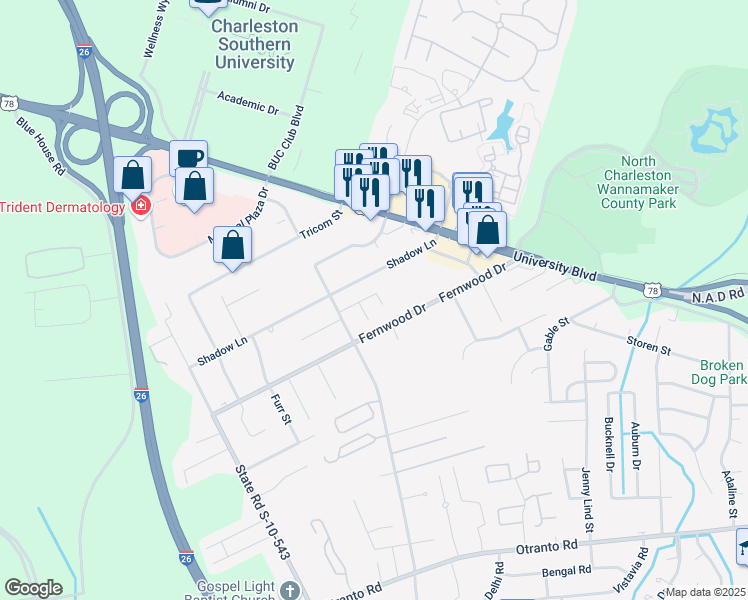 map of restaurants, bars, coffee shops, grocery stores, and more near 2753 Donner Avenue in North Charleston