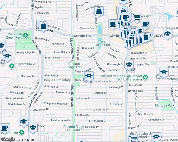 map of restaurants, bars, coffee shops, grocery stores, and more near 16108 Salado Drive in Dallas