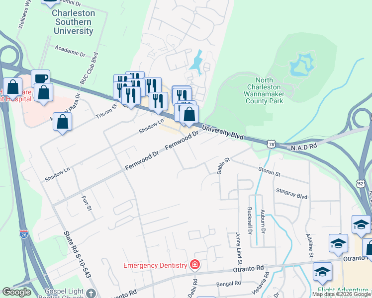 map of restaurants, bars, coffee shops, grocery stores, and more near 8961 Baldwin Road in North Charleston