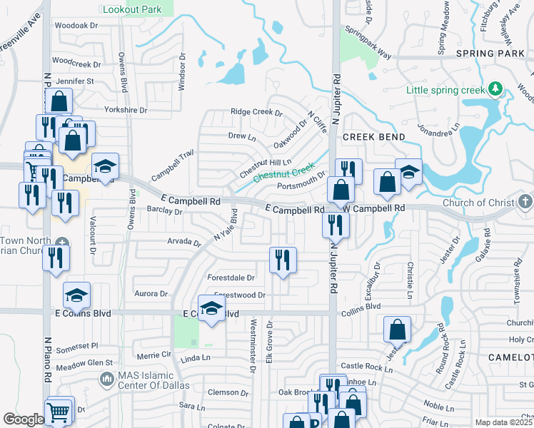 map of restaurants, bars, coffee shops, grocery stores, and more near 1907 East Campbell Road in Richardson