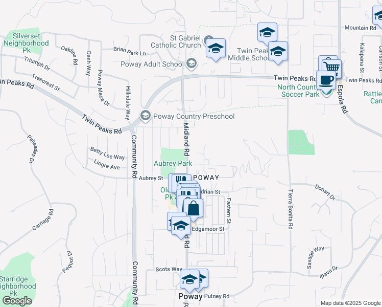 map of restaurants, bars, coffee shops, grocery stores, and more near 14259 Midland Road in Poway