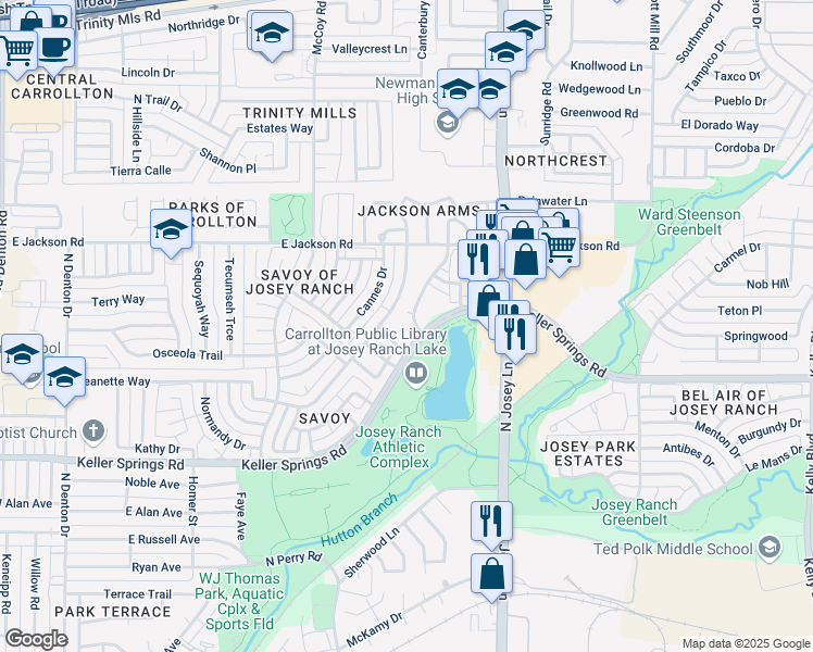 map of restaurants, bars, coffee shops, grocery stores, and more near 1735 Keller Springs Road in Carrollton