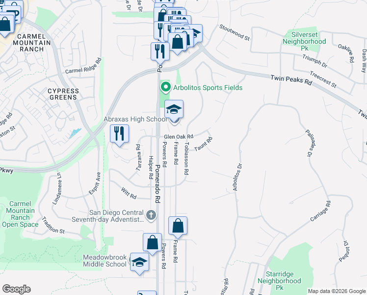 map of restaurants, bars, coffee shops, grocery stores, and more near 14217 Tobiasson Road in Poway