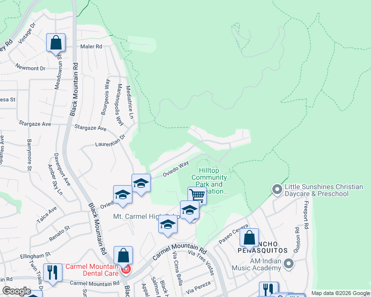map of restaurants, bars, coffee shops, grocery stores, and more near 9566 Oviedo Street in San Diego