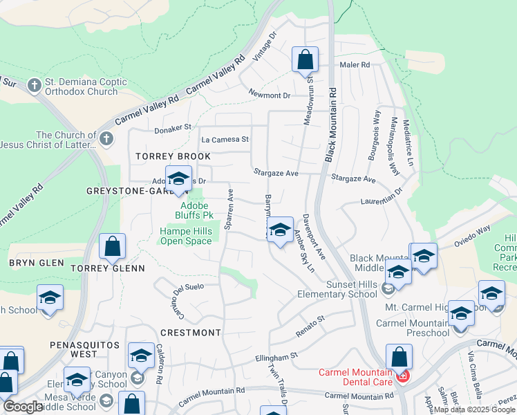 map of restaurants, bars, coffee shops, grocery stores, and more near 8997 Gainsborough Avenue in San Diego