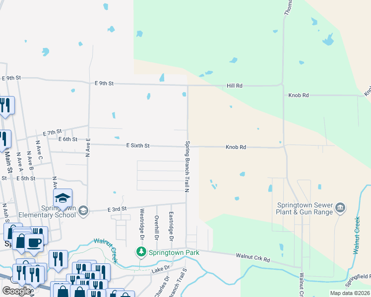 map of restaurants, bars, coffee shops, grocery stores, and more near 1115 East Sixth Street in Springtown