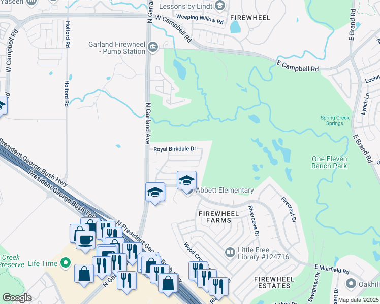 map of restaurants, bars, coffee shops, grocery stores, and more near 722 Royal Birkdale Drive in Garland