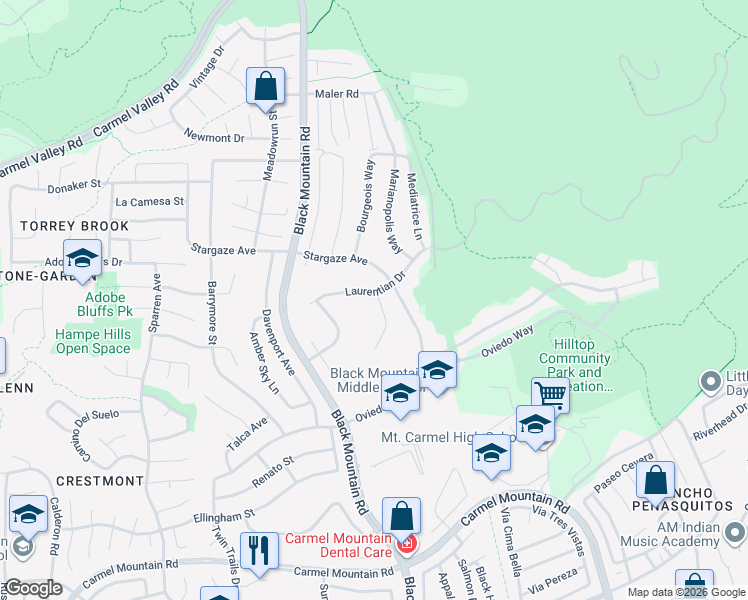 map of restaurants, bars, coffee shops, grocery stores, and more near 13982 Mennonite Point in San Diego