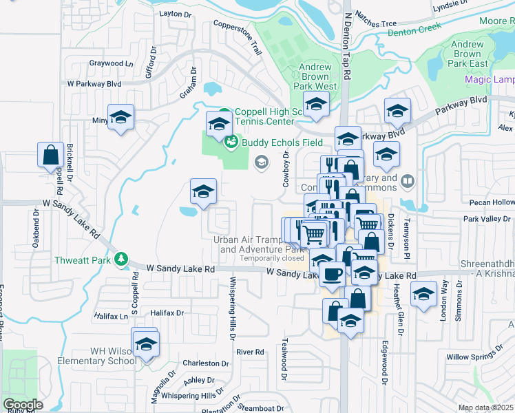 map of restaurants, bars, coffee shops, grocery stores, and more near 156 Oak Trail in Coppell
