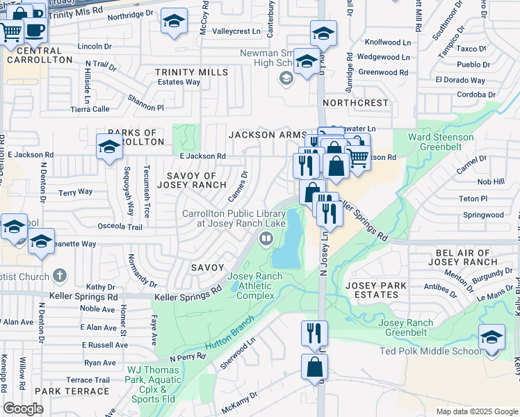 map of restaurants, bars, coffee shops, grocery stores, and more near 1735 Keller Springs Road in Carrollton