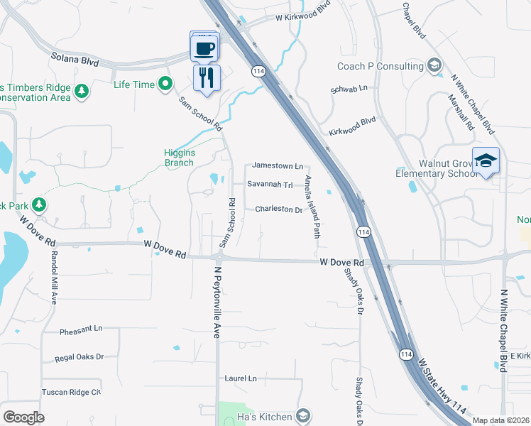 map of restaurants, bars, coffee shops, grocery stores, and more near 905 Charleston Drive in Southlake