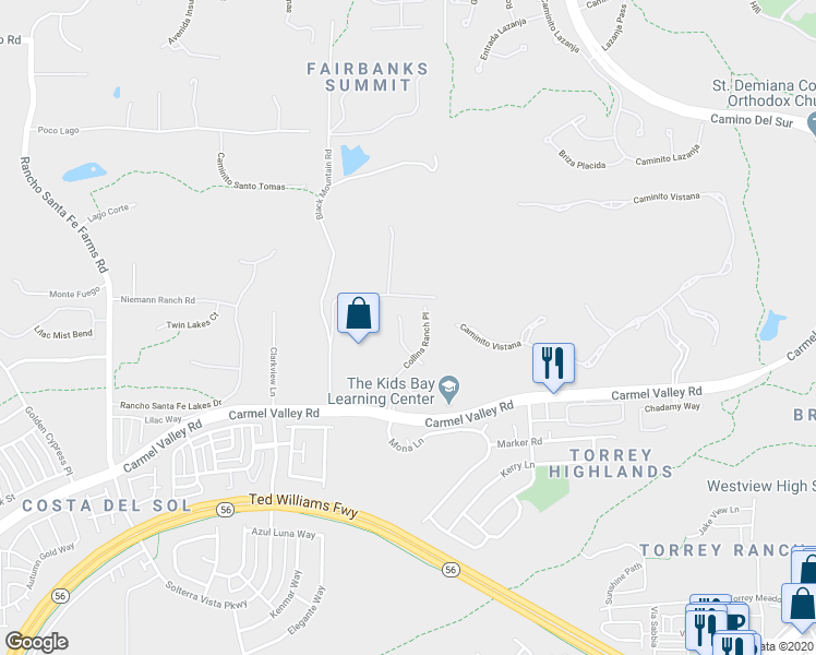 map of restaurants, bars, coffee shops, grocery stores, and more near 14082 Collins Ranch Place in San Diego