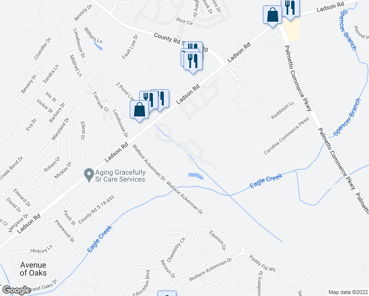 map of restaurants, bars, coffee shops, grocery stores, and more near 400 Cooper's Ridge Boulevard in Ladson