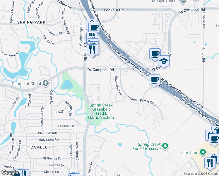 map of restaurants, bars, coffee shops, grocery stores, and more near 6307 Wildlife Trail in Garland