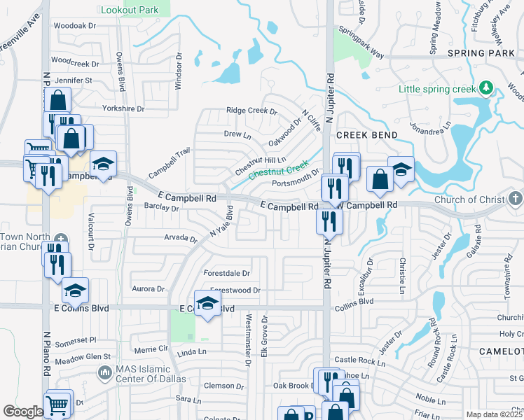 map of restaurants, bars, coffee shops, grocery stores, and more near 1907 East Campbell Road in Richardson